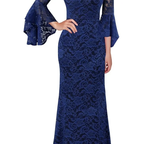 VFSHOW Womens Keyhole Front Bell Sleeve Formal Evening Wedding Party Maxi Dress - Picture 1 of 6